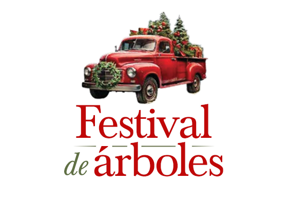 Ilustración de una camioneta roja con un árbol de Navidad en la parte trasera con palabras